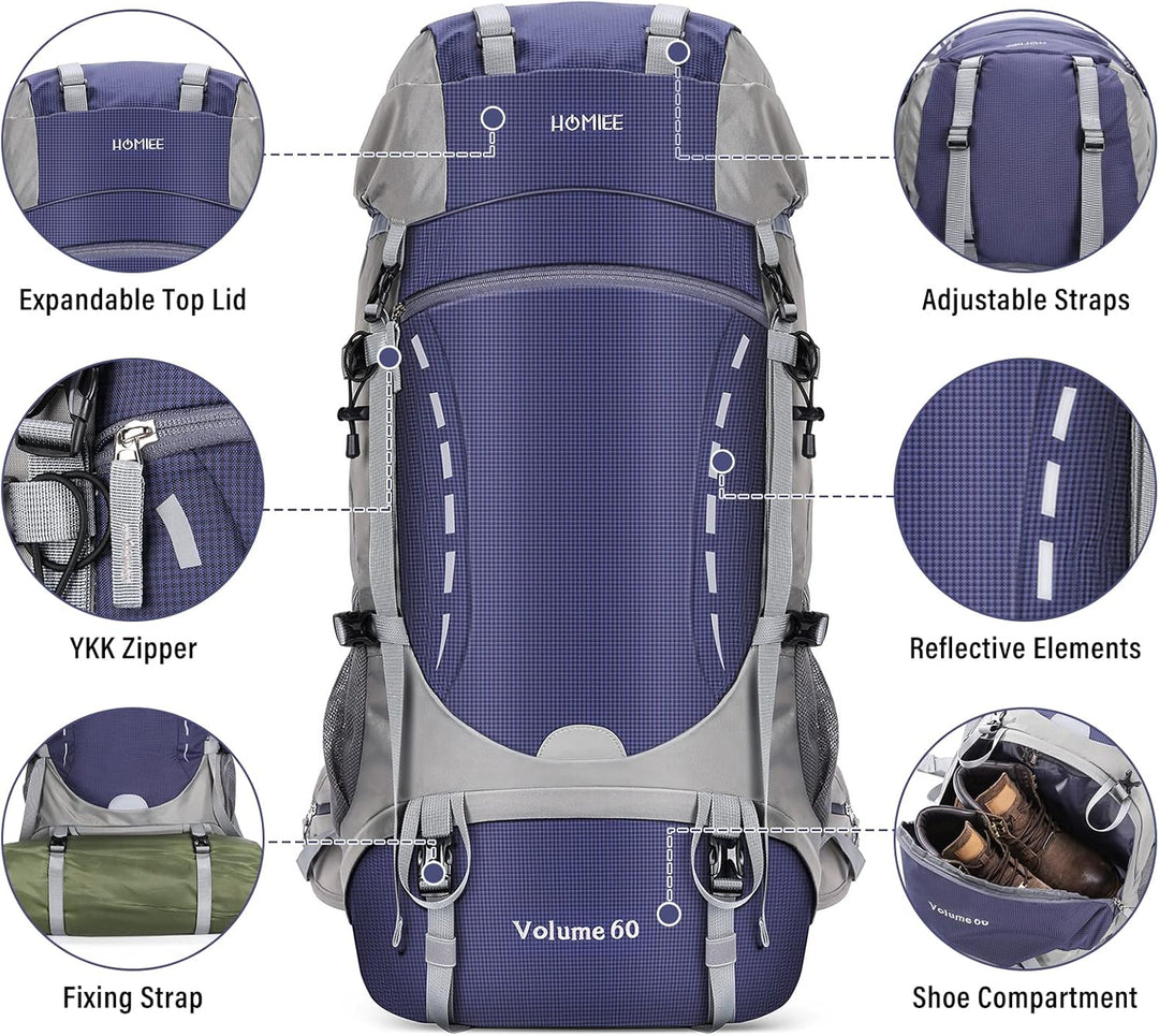 HOMIEE Wanderrucksack 60L, Herren Damen Wasserdichter Leichter Trekkingrucksack Reiserucksack Wander