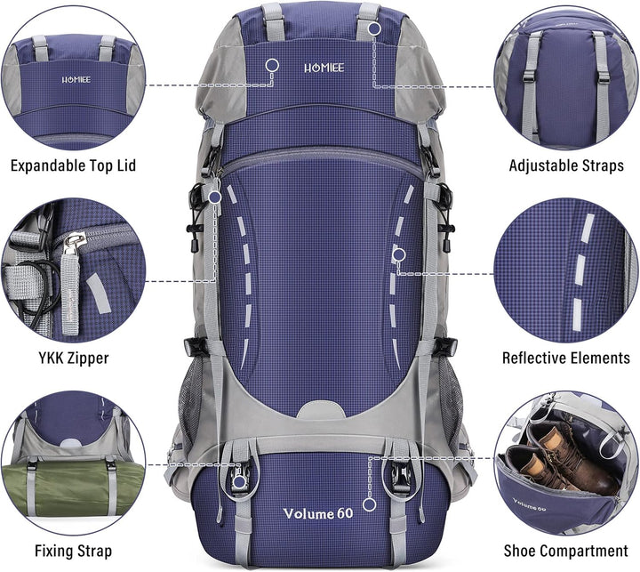 HOMIEE Wanderrucksack 60L, Herren Damen Wasserdichter Leichter Trekkingrucksack Reiserucksack Wander