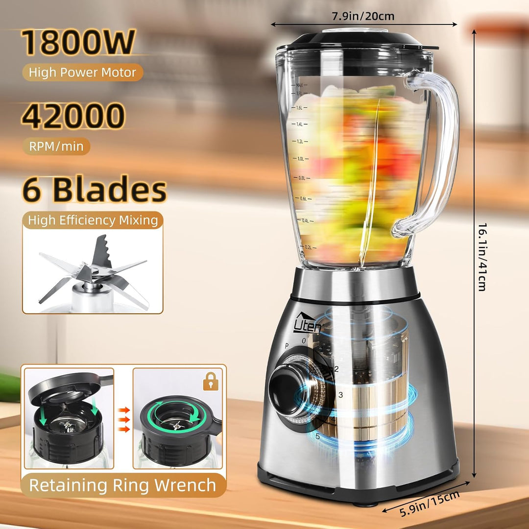 Uten Standmixer 2L, 1800 W Mixer Hochleistungsmixer und Smoothie Maker, Pulsfunktion und 5 Geschwind
