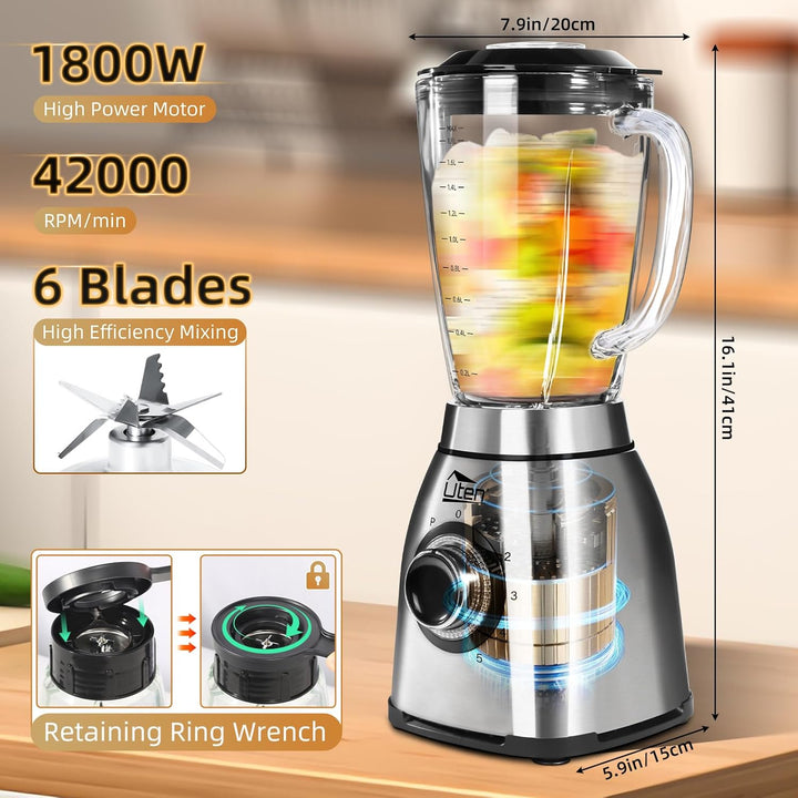 Uten Standmixer 2L, 1800 W Mixer Hochleistungsmixer und Smoothie Maker, Pulsfunktion und 5 Geschwind
