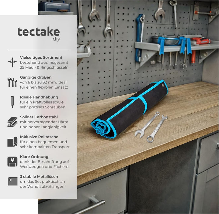 TecTake Maulringschlüssel Satz 6-32 mm 25-teilig mit Tetron Rollstasche - Diverse Farben - (Blau | N