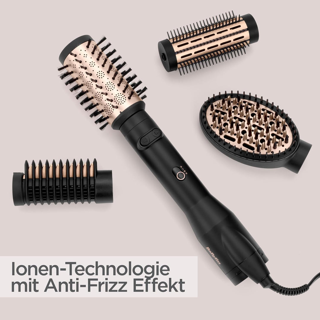BaByliss Big Hair Luxe Rotierende Warmluftbürste, Föhnbürste mit 4 Aufsätzen zum Glätten, Bürsten un