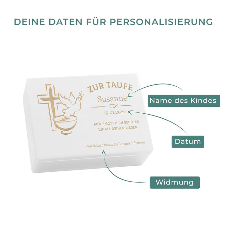 LAUBLUST Holzkiste mit Gravur - Personalisiert mit Name | Datum | WIDMUNG - Weiss, Grösse L - Friede