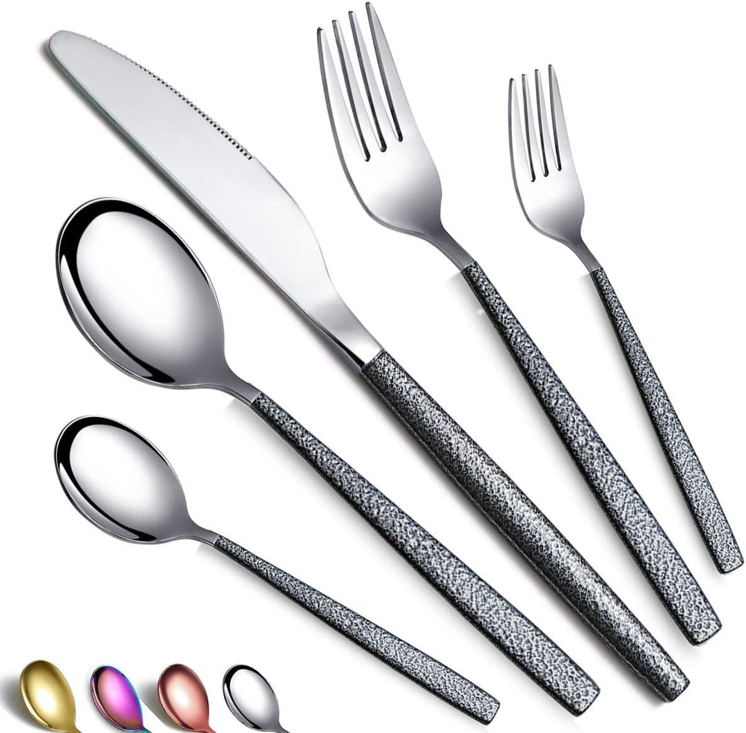 Besteckset 30 Stück Beschichtung mit Schwarzem Marsgriff, Edelstahlmesser Löffel Gabeln Besteckset U