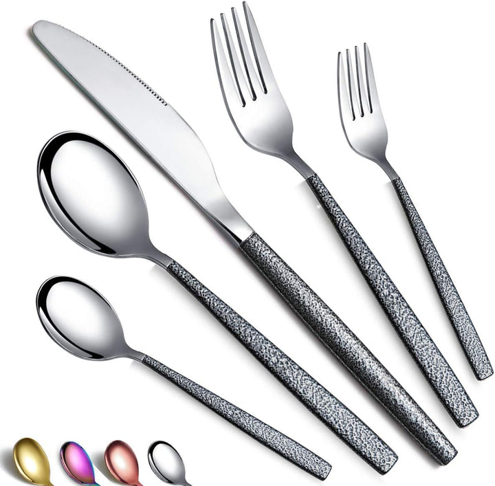 Besteckset 30 Stück Beschichtung mit Schwarzem Marsgriff, Edelstahlmesser Löffel Gabeln Besteckset U