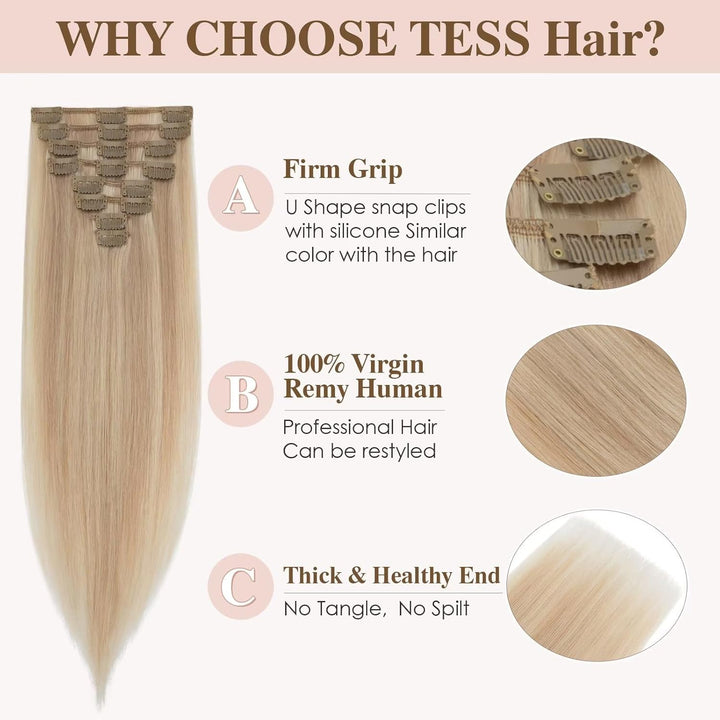 TESS Clip in Extensions Echthaar, 8pcs Clip in Haarverlängerung Remy Echt Haare Natürliche 18 Clips