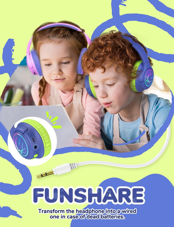 iClever Bluetooth kopfhörer Kinder mit LED-Leuchten, 74/85dBA Lautstärkebegrenzung, 43 Stunden Spiel