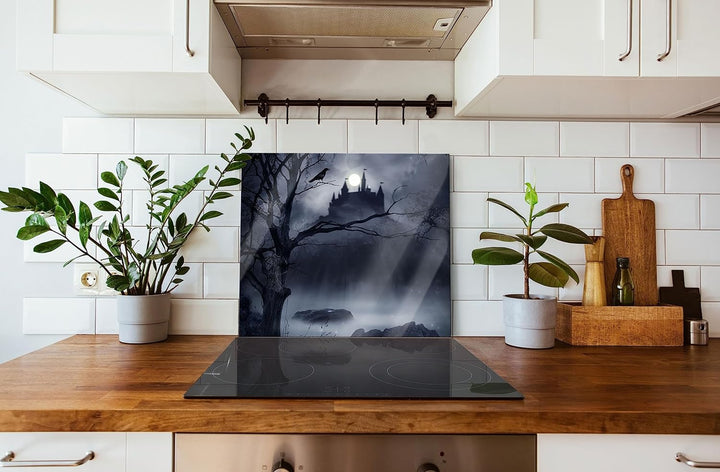 Düstere Burg Herdabdeckplatte & Spritzschutz aus Echtglas | Für Herd-Kochfelder | 60x52 cm