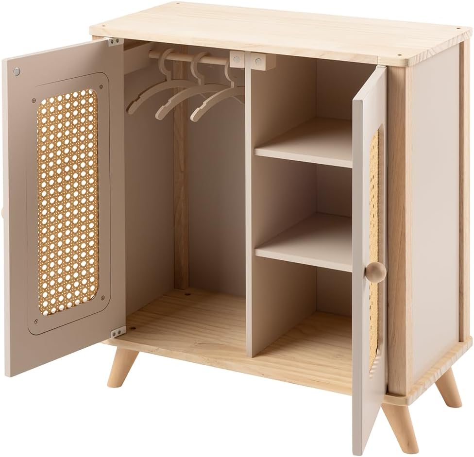 howa Puppenschrank Puppenkleiderschrank aus Holz miniflowers Puppenmöbel mit Kleiderstange, Regalen