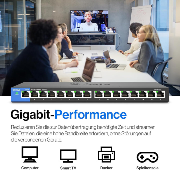 Linksys LGS116-EU 16-Port Unmanaged Gigabit-Netzwerk-Switch – Ethernet-Switch/Hub mit Metallgehäuse,