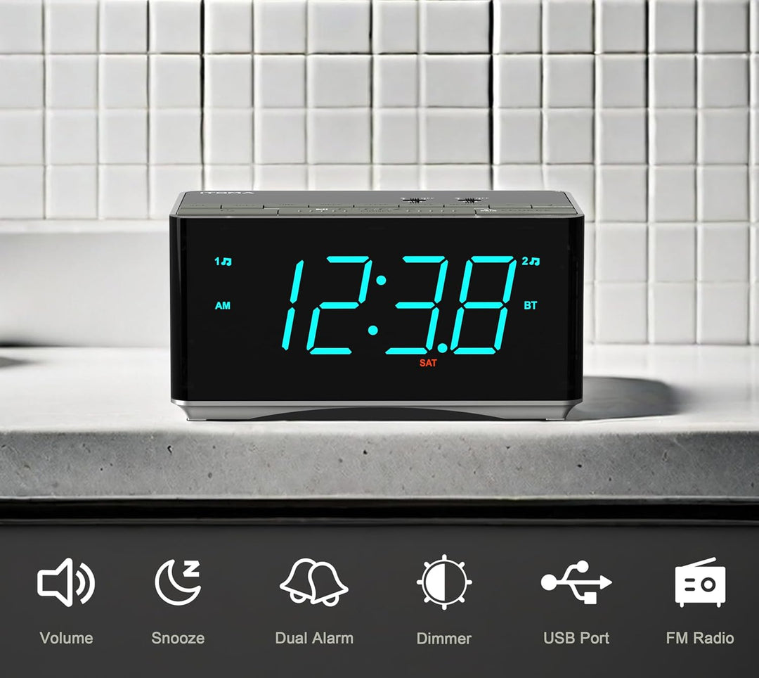 iTOMA Radiowecker,Bluetooth Stereo Lautsprecher, FM Radio, Dual Wecker, Snooze, Helligkeitsdimmer, U