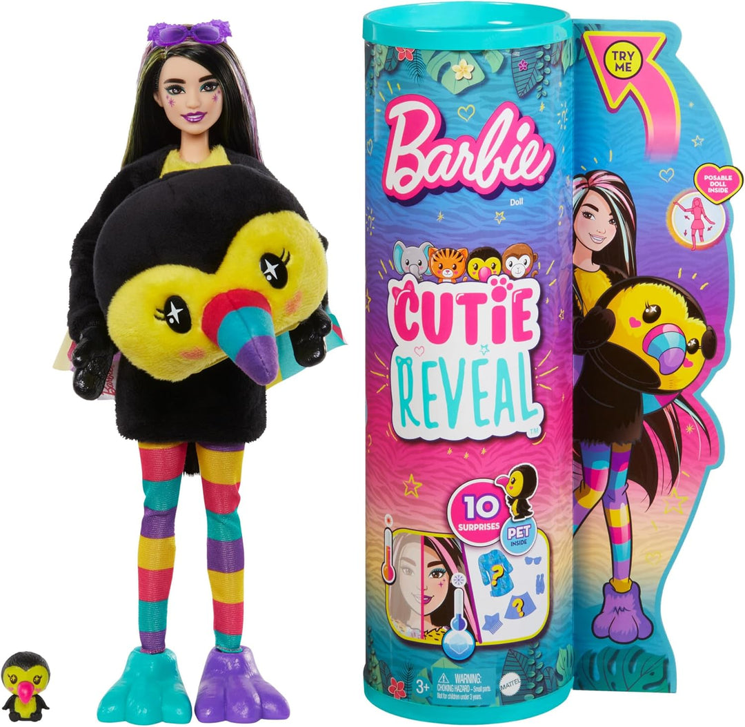 Barbie Cutie Reveal, bewegliche Tukan-Accessoires, 10 Überraschungen, Tierspielzeug, Farbwechseleffe