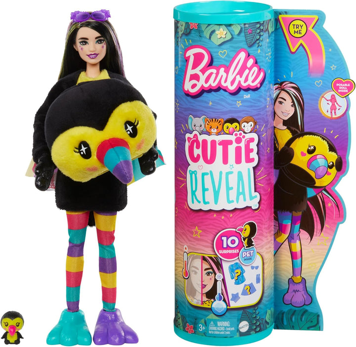 Barbie Cutie Reveal, bewegliche Tukan-Accessoires, 10 Überraschungen, Tierspielzeug, Farbwechseleffe