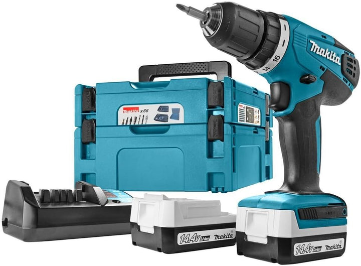 Makita DF347DWJX4 Bohrschrauber + 2 Akkus 14,4 V 1,3 Ah Li-Ion + Makpac Koffer + Makpac Koffer 66 Zu