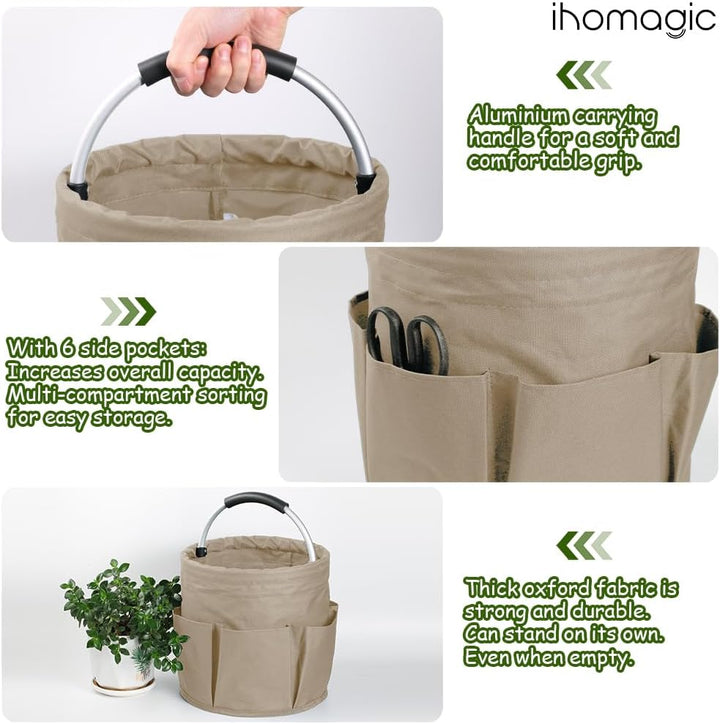 IHOMAGIC Freistehend Werkzeugkorb, Faltbare Aufbewahrungsbox, Gartenwerkzeuge Tasche, 1 Hauptfach mi