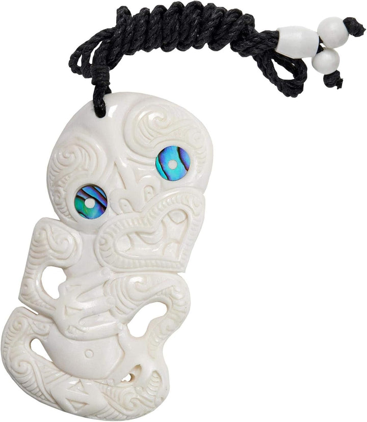 81stgeneration Unisex Geschnitzter Knochen Paua Abalone Augen Grosser HEI Tiki Anhänger Halskette