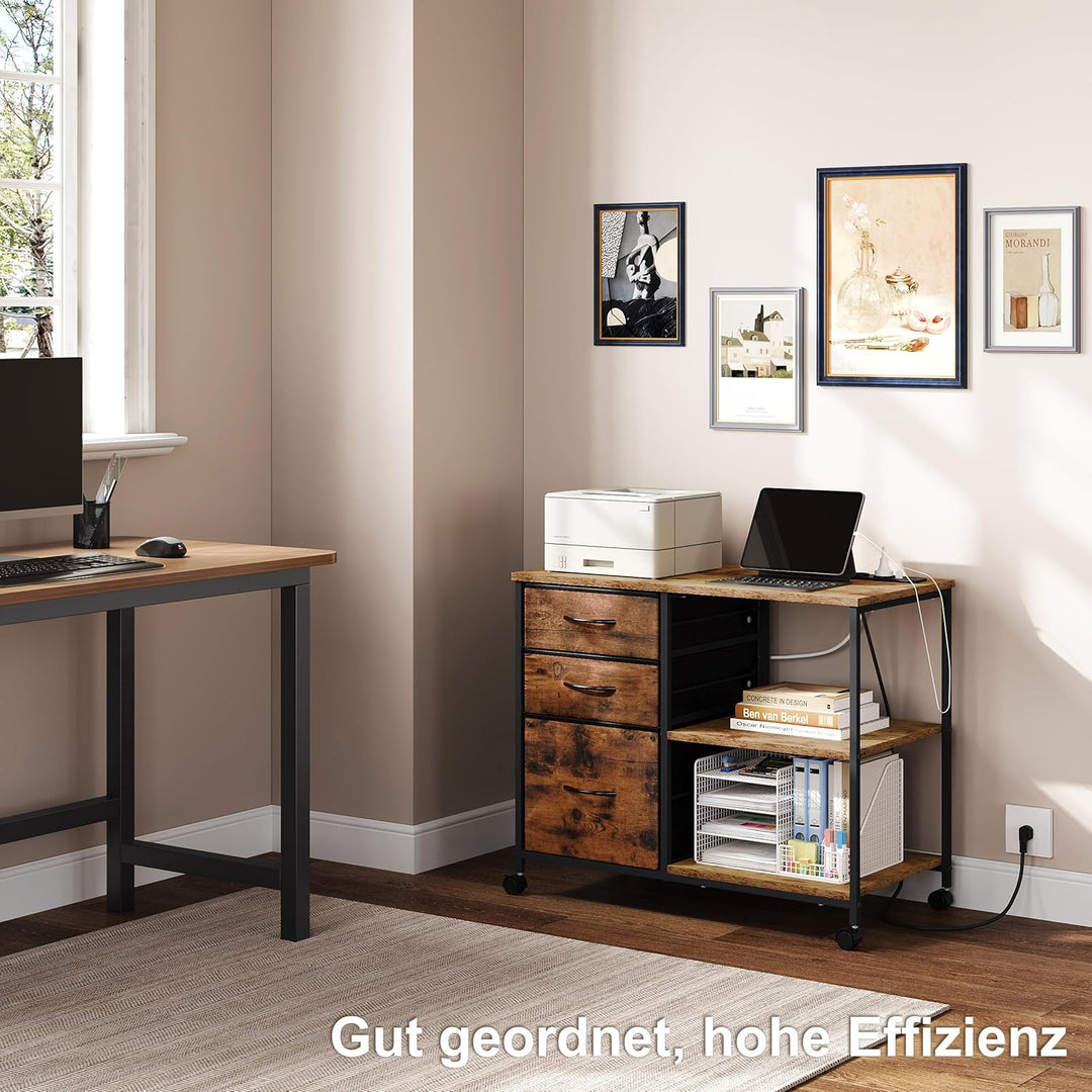 WOLTU Aktenschrank mit Ladestation, Rollcontainer mit Schubladen, Büroschrank, Druckertisch mit Roll