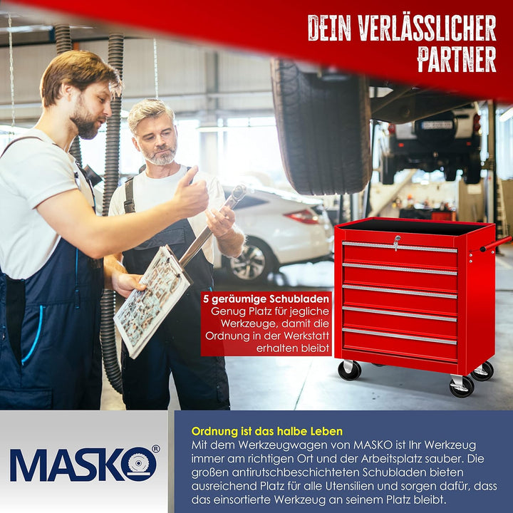 MASKOยฎ Werkstattwagen - 5 Schubladen, Abschliessbar | Massives Metall | Mobiler Werkzeug-Wagen ohne