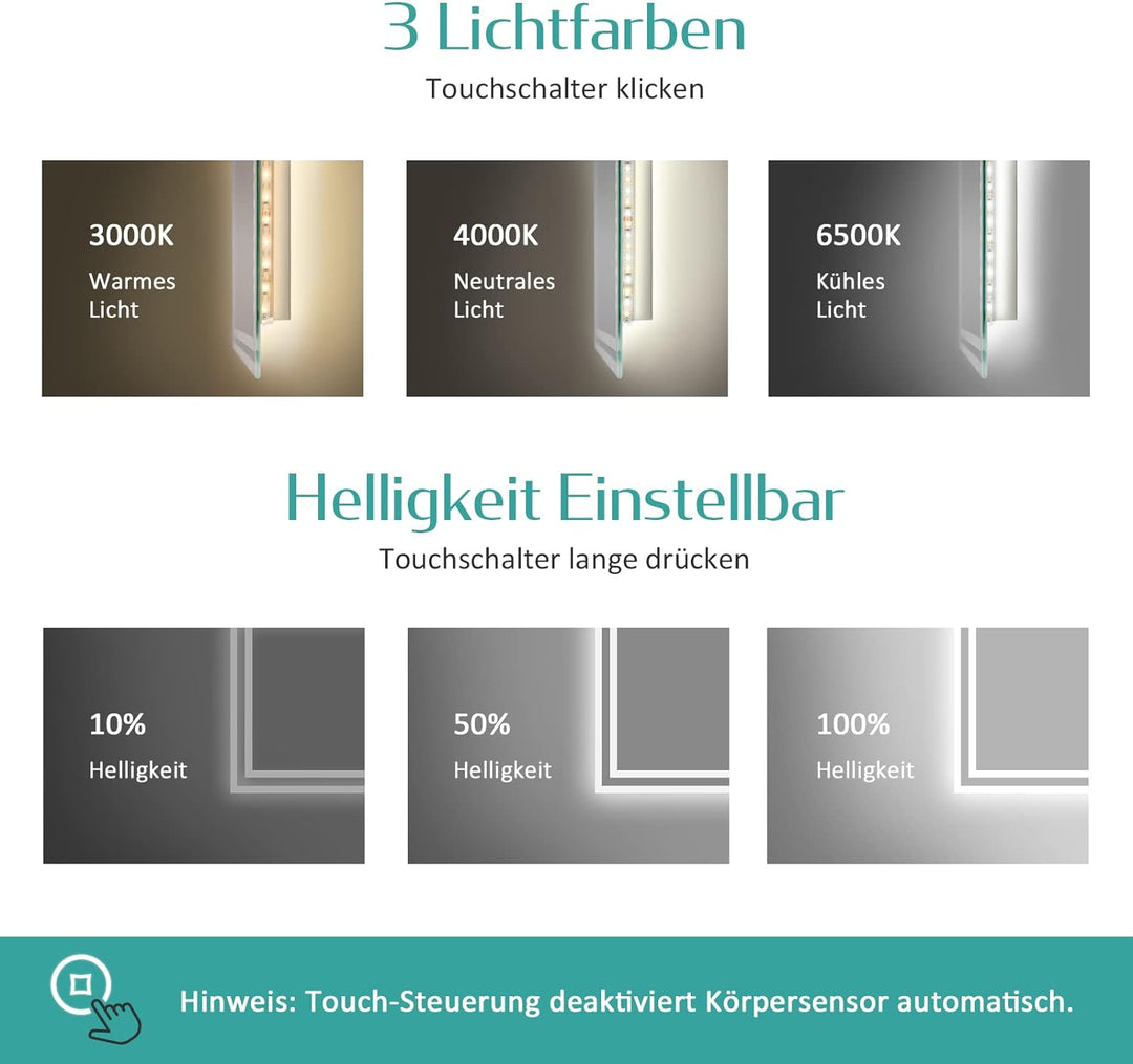 EMKE Sensor Spiegel mit Beleuchtung 80x60cm LED Badspiegel mit Bewegungssensor, Touch, Beschlagfrei,