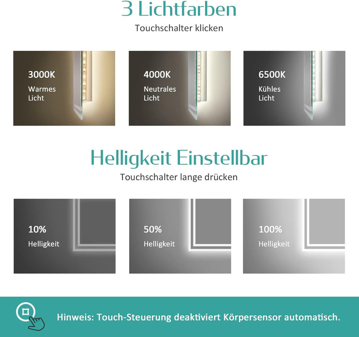 EMKE Sensor Spiegel mit Beleuchtung 80x60cm LED Badspiegel mit Bewegungssensor, Touch, Beschlagfrei,