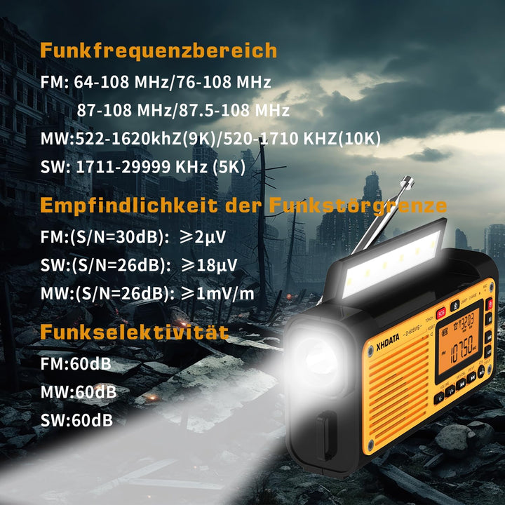 XHDATA D608WB Tragbares Notfall Radio mit Kurbel Solarradio mit Kurbel 3000mAh Akku Wiederaufladbare