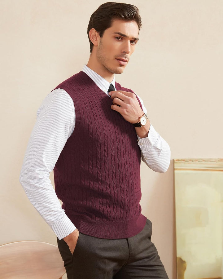 Kallspin Herren Strickweste Pulunder Ärmellos Zopfstrick V-Ausschnitt aus Wollmischung S Burgund, S