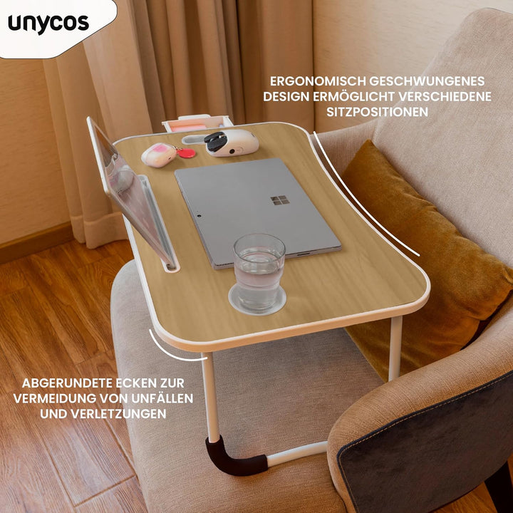 unycos - Betttablett Klappbar, Frühstückstablett mit Griff und Getränkehalter, Serviertisch, Ideal f