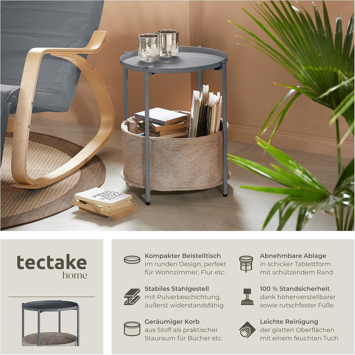 tectake 800912 Beistelltisch rund aus Metall, abnehmbares Tablett, Couchtisch mit Korb als Stauraum,