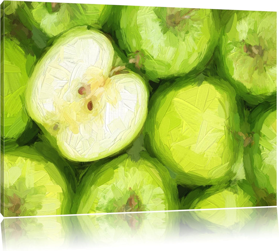 Grüne Äpfel Pinsel Effekt, Format: 100x70 auf Leinwand, XXL riesige Bilder fertig gerahmt mit Keilra