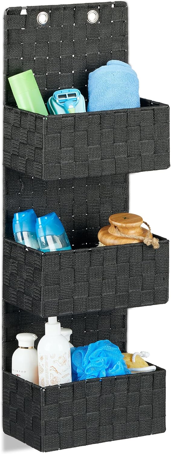 Relaxdays Hängeorganizer Stoff, Türorganizer mit 3 Aufbewahrungskörben, Wandorganizer Bad, PP, HBT: