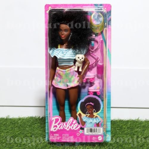 Barbie - Rollerskate-Puppe mit Welpen und Trendiger Kleidung, Afro-Hairstyle und Accessoires für Ges