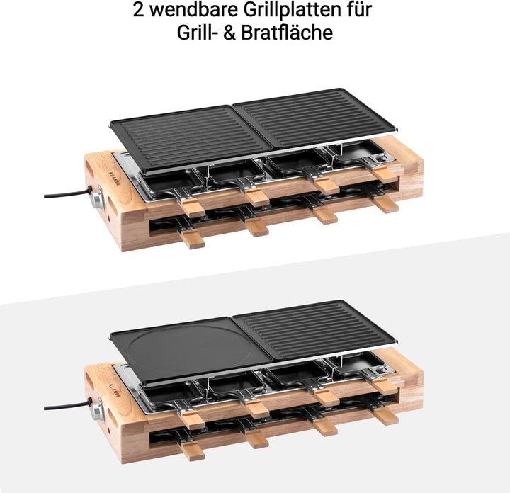 KLAMER Raclette 8 Personen, 1500W Raclette Grill mit Holzgestell, Raclette mit antihaftbeschichteter