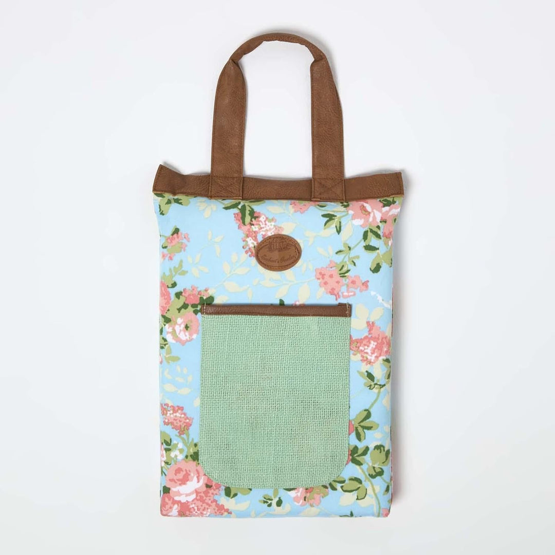 Homescapes Garten-Kniekissen 26x40 cm mit Tragegriff & Tasche, Kniematte Garten blau-rosa mit Rosenm