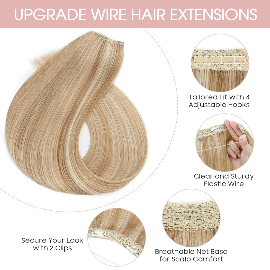 Silk-co Extensions Echthaar mit transparenter Schnur, Wire in Extensions Goldenbraun Highlights Blei