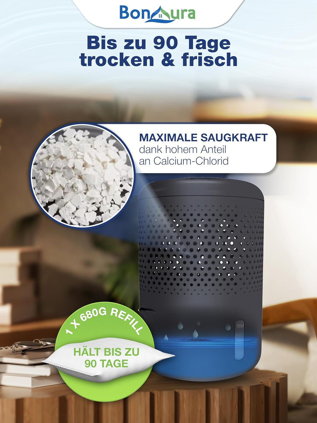 BonAura® Luftentfeuchter ohne Strom | Raumentfeuchter bis 23m² für Keller, Bad | mit 680g Luftenfeuc