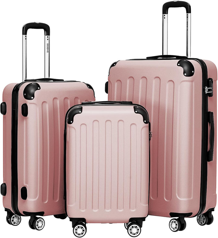 BEIBYE Hartschalen-Koffer Trolley Rollkoffer Reisekoffer Handgepäck 4 Rollen (M-L-XL-Set) (Rosa Gold