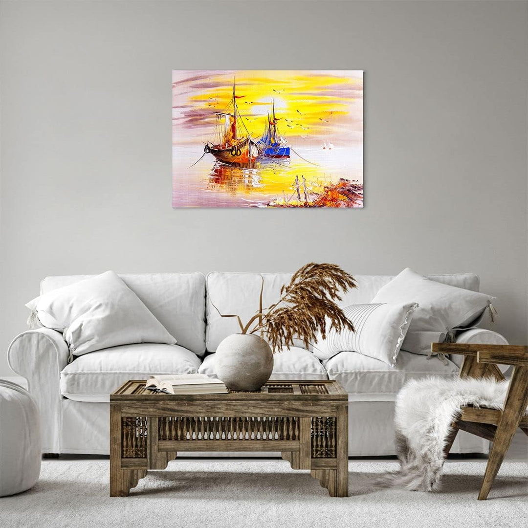 ARTTOR Bilder auf Leinwand Boote Sonne Meer Reisen Leinwandbild 70x50cm Wandbilder Dekoration Wohnzi