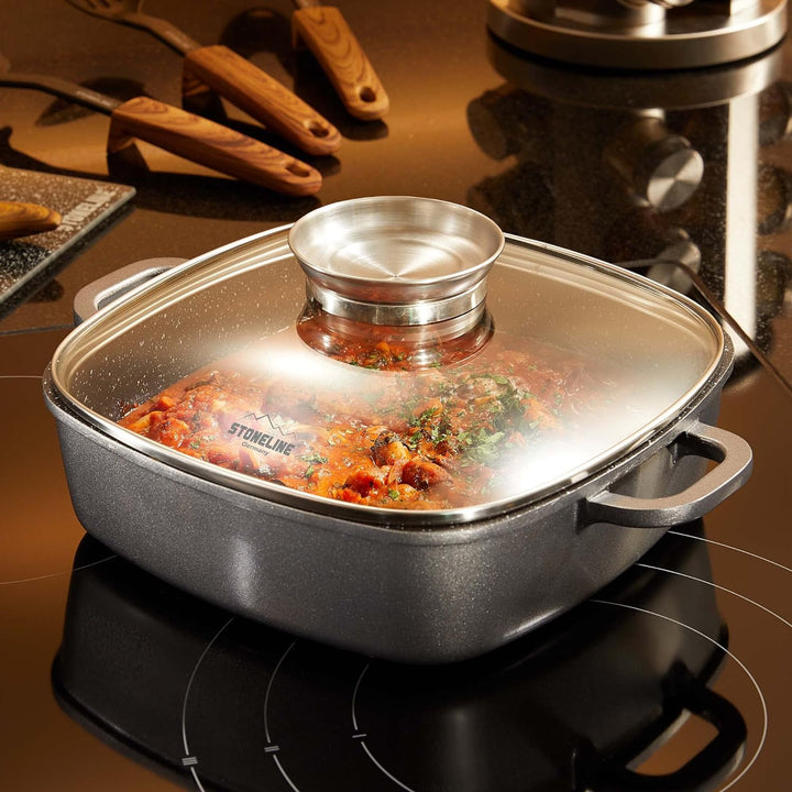 Stoneline Eckpfanne, 24x24 cm, mit Aroma Glasdeckel, Induktion, Aluminium, antihaft beschichtet mit