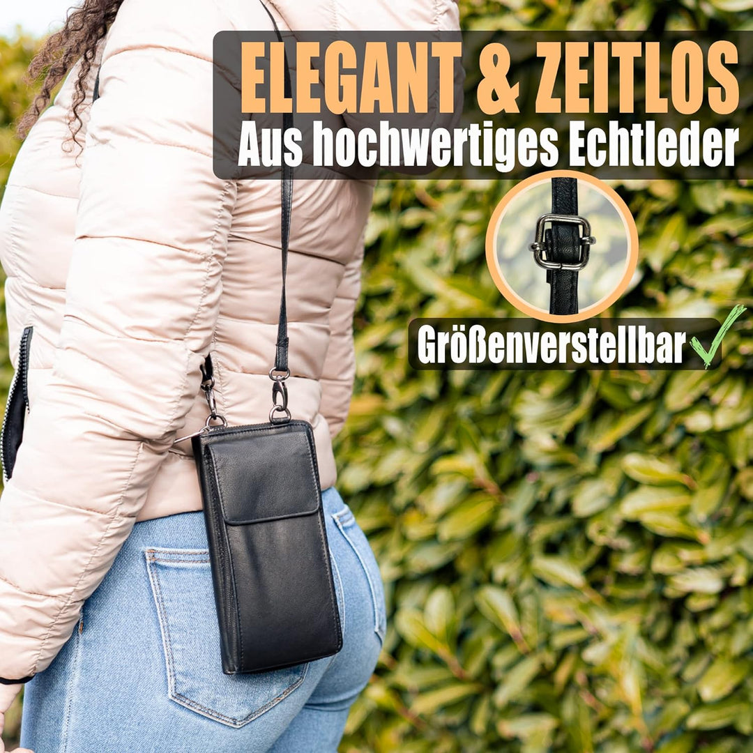 FLEXIBILITE® Handytasche zum Umhängen aus echtem Leder I EXTRA leicht 220 g mit RFID I Handy Portemo