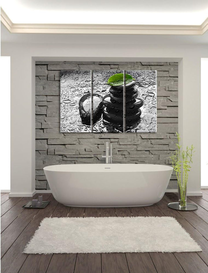 Pixxprint Zensteinturm im Regen als Leinwandbild/Grösse: 3 Teilig (120x80) cm/Wandbild/Kunstdruck/fe