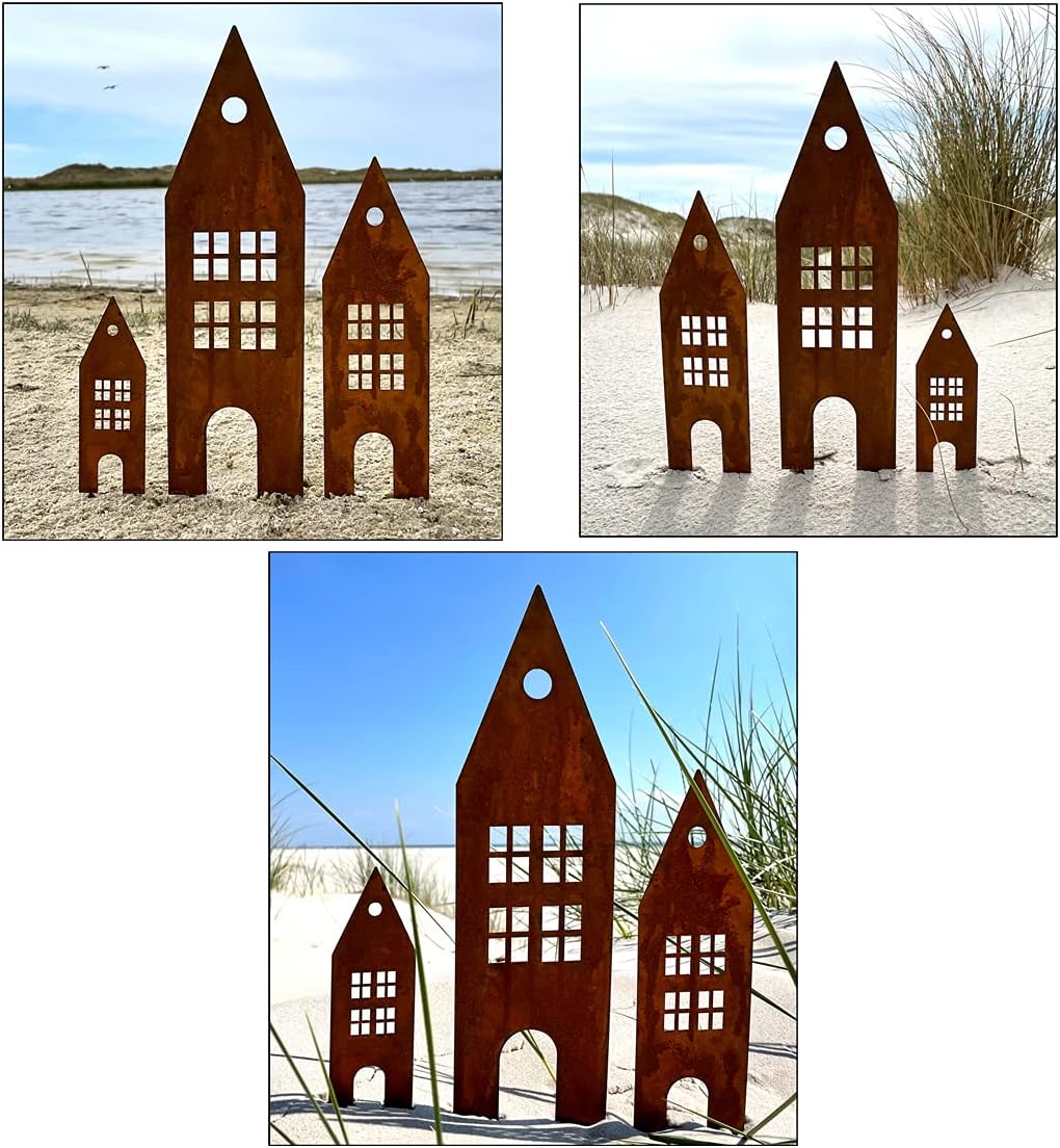 LB H&F Lilienburg Häuser 3er Set Gartendeko Roststecker Rost Metall Gartenstecker (Haus Rost), Haus