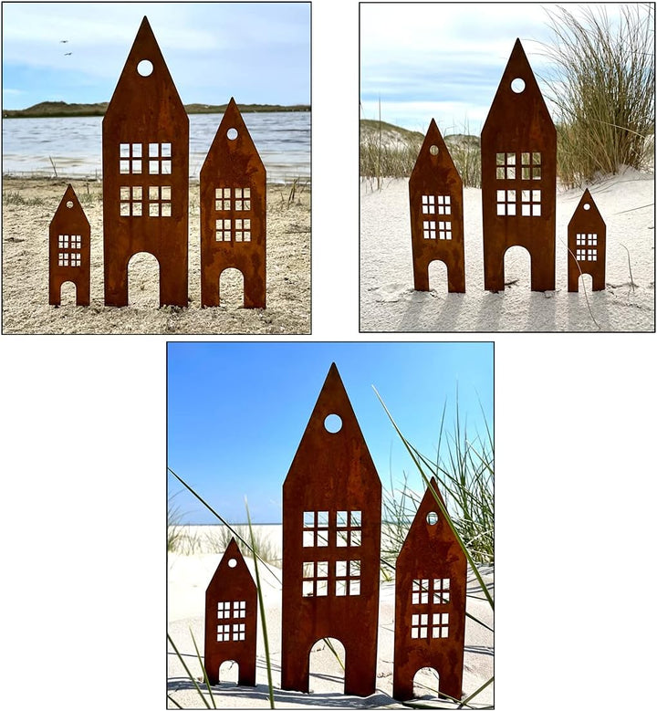 LB H&F Lilienburg Häuser 3er Set Gartendeko Roststecker Rost Metall Gartenstecker (Haus Rost), Haus