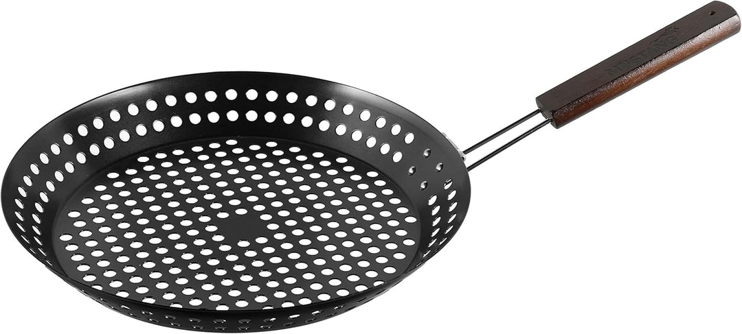 Grillpfanne Ø 30,5 cm mit klappbarem Holzgriff, Gemüsepfanne, Grill Wok
