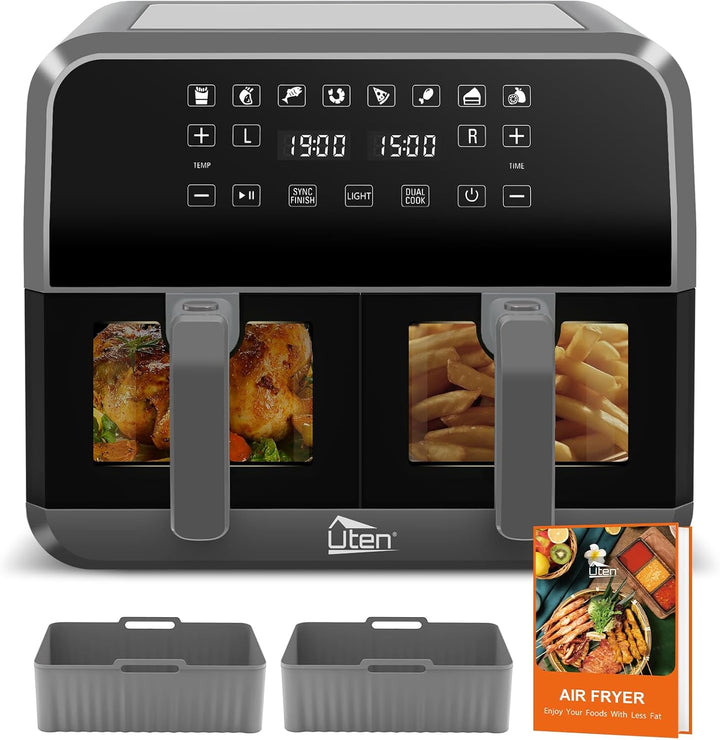 Uten Doppel Heissluftfritteuse, 8L Heissluftfritteuse Dual Zone Sichtbar, XXL Airfryer mit 2 Kammern