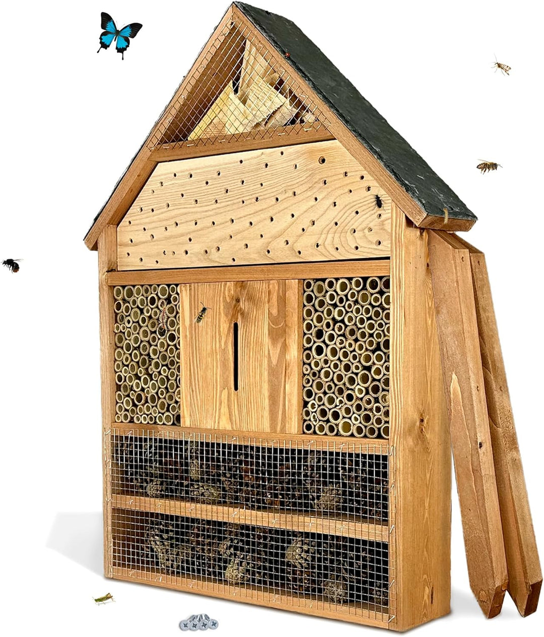 GARTENETAGE Insektenhotel XXL geölt mit Schieferdach/Naturbelassenes, massives Insektenhaus & Bienen