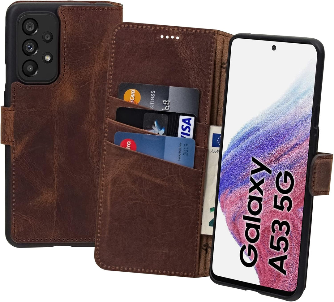 Suncase Book-Style Hülle kompatibel mit Samsung Galaxy A53 5G Leder Tasche (Slim-Fit) Lederhülle Han