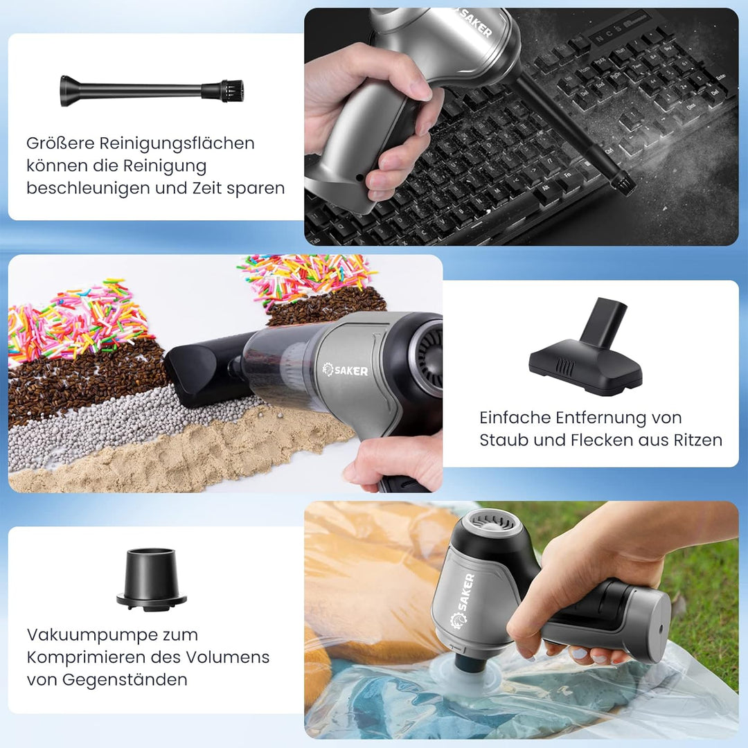 Saker Handstaubsauger Auto Handheld Kabelloser, 3 in 1 Druckluft Multifunktionale Brushless Motor 12