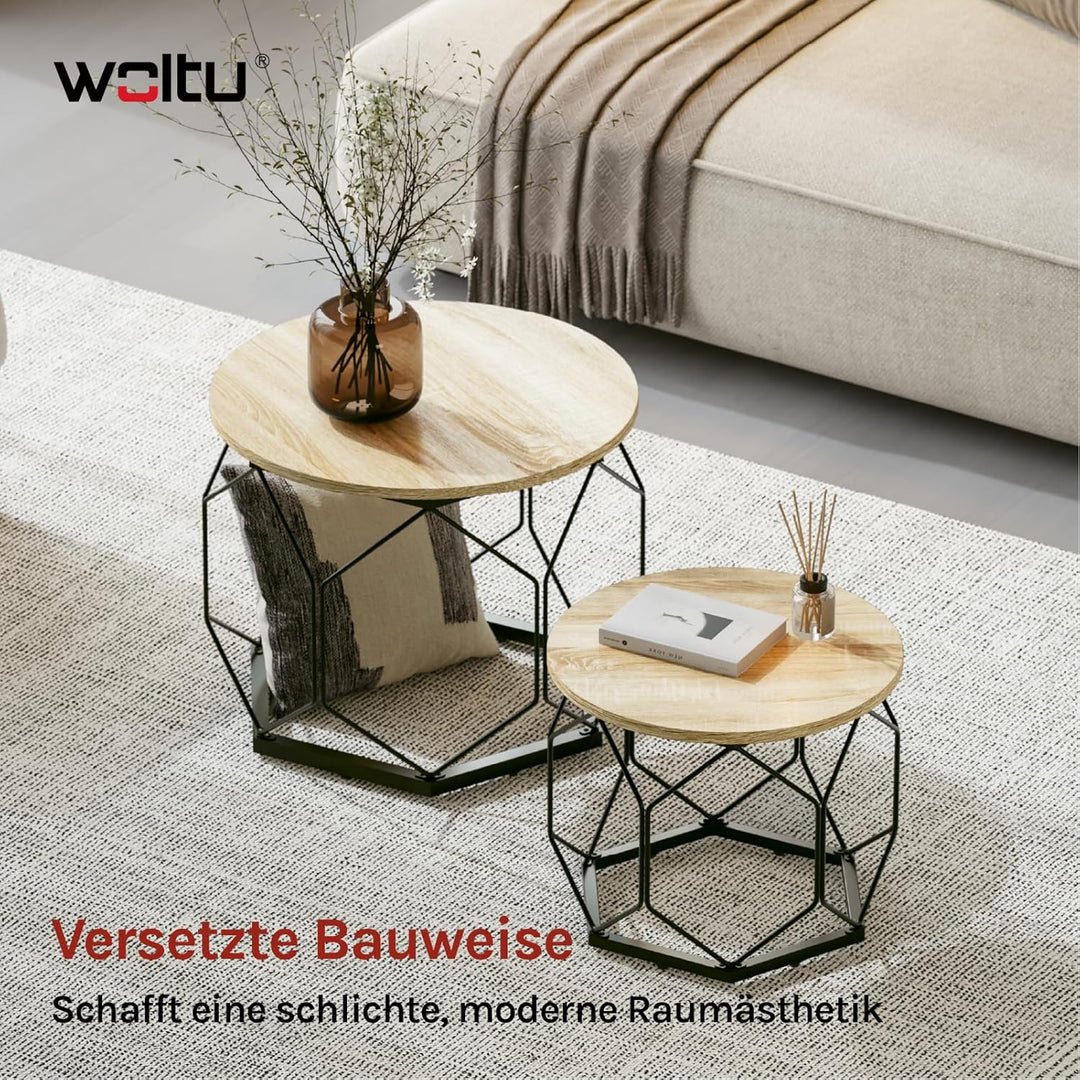 WOLTU Couchtisch 2er Set, Beistelltisch mit runder Tischplatte, Sofatisch mit hohlem Metallrahmen, W