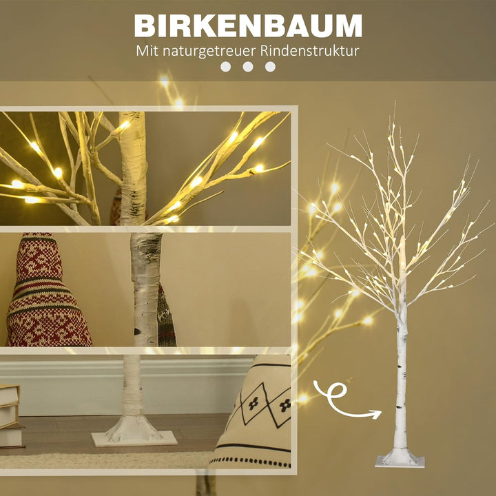 HOMCOM 120 cm Kunstbaum, Weihnachtsbaum Birken mit LED, Kunstbirke, Birkenbaum, Weihnachtsdeko für H