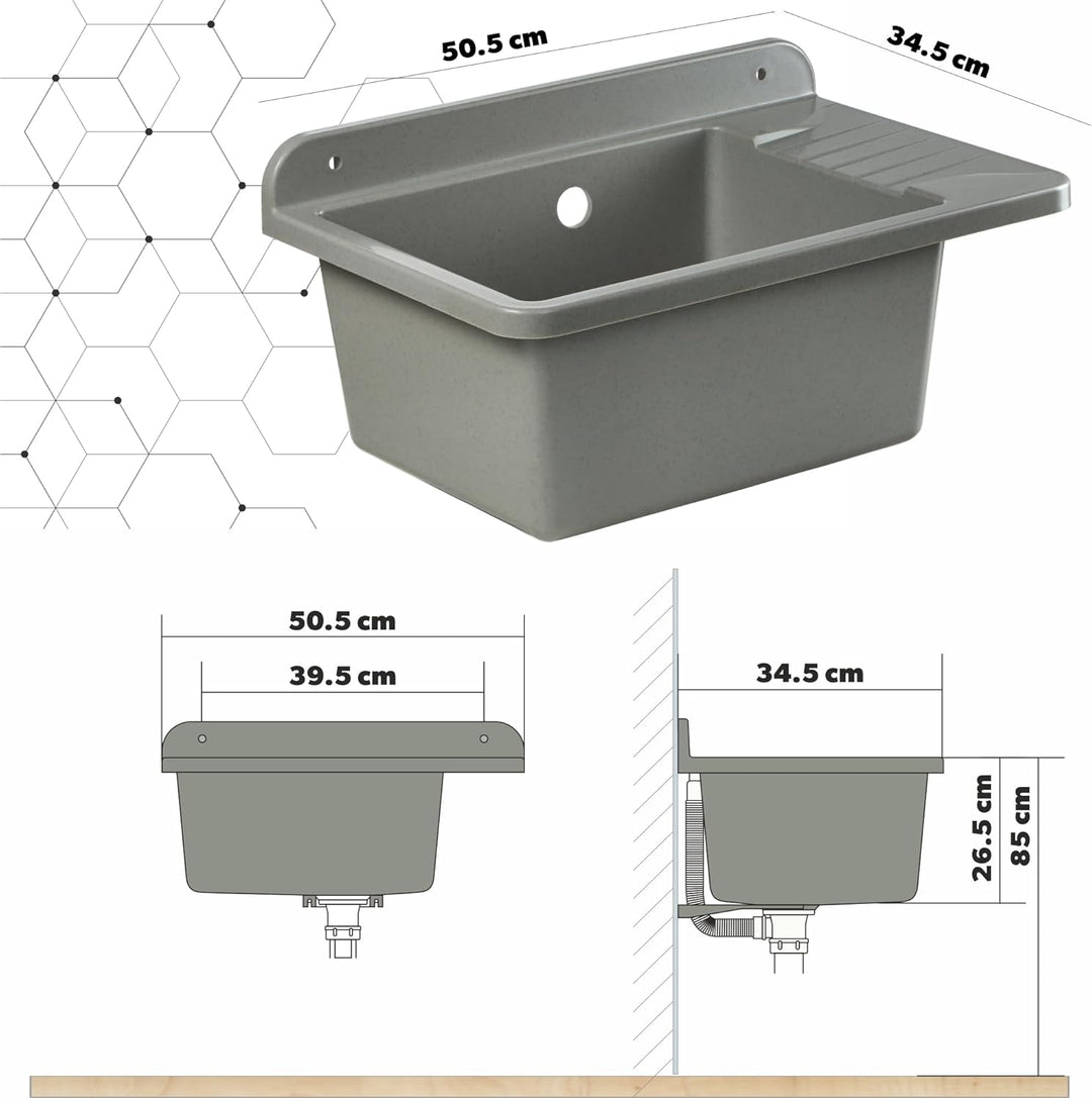 GOSPO Ausgussbecken aus Polypropylen, 50,5 x 34 x 26,5 cm, Haushaltsspülbecken, Spülbecken mit profe